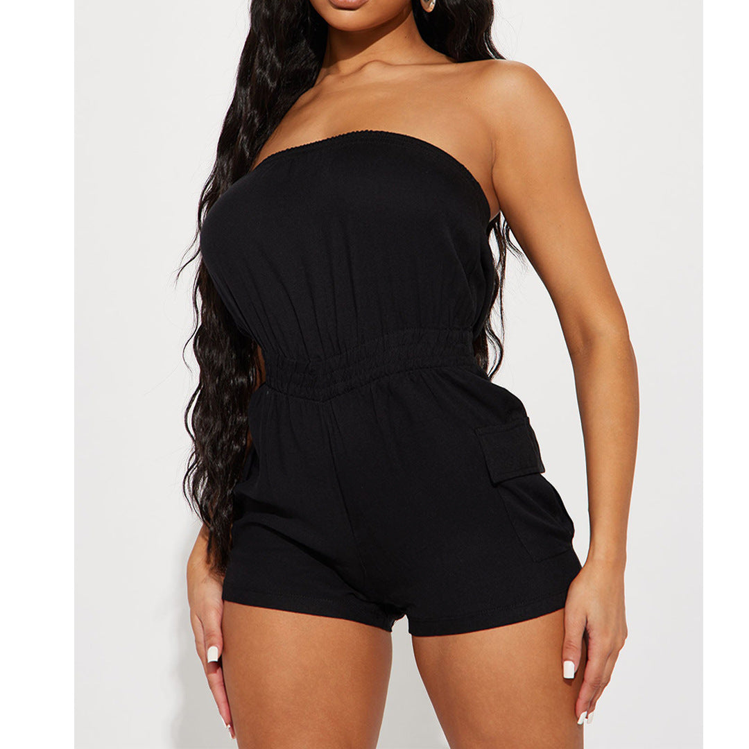 Women Clothing Sexy Comfortable Solid Color Chest Wrapped Organ Pocket Jumpsuit
