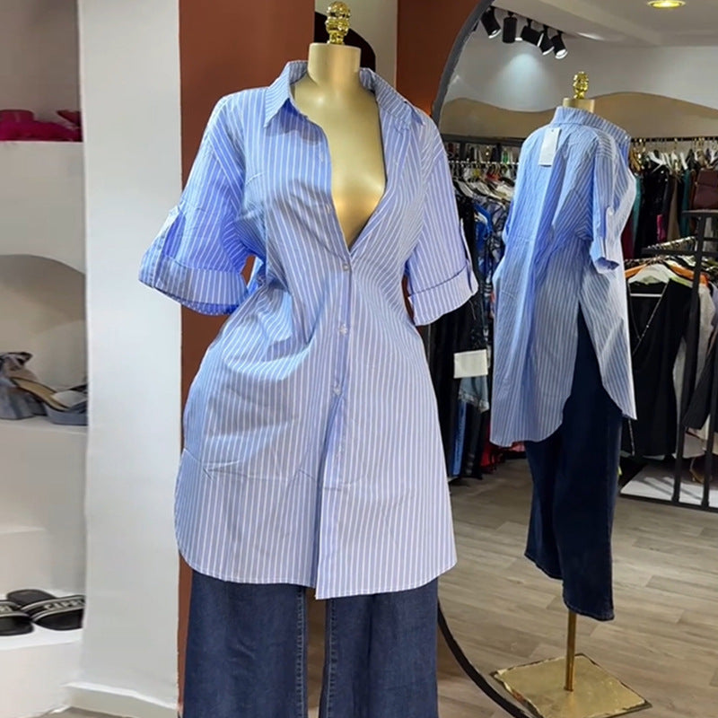 Women Clothing Autumn Polo Collar Single Breasted Striped Short Sleeve Mid Length Shirt Top