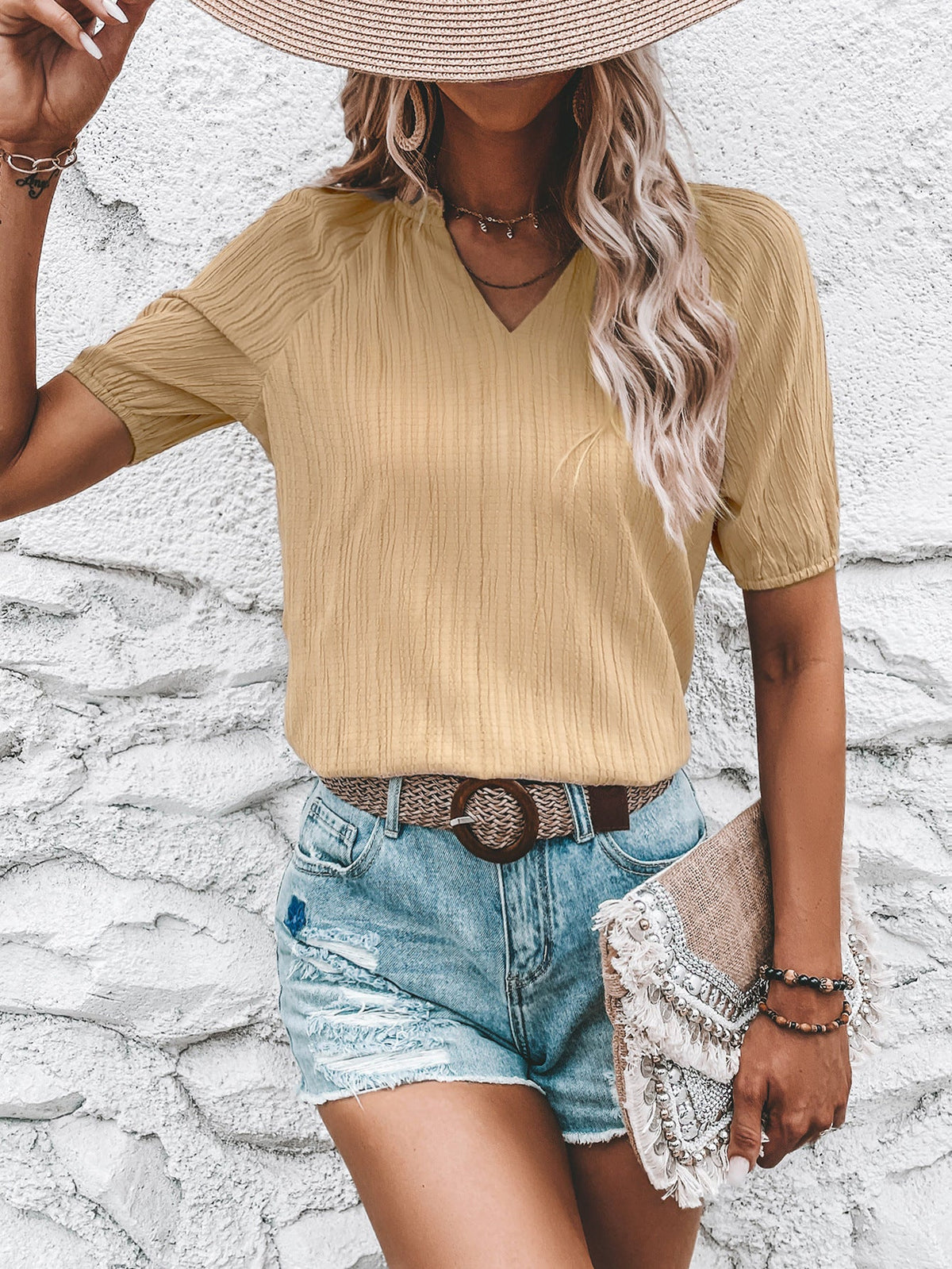Women Clothing V neck Casual All Matching Graceful Solid Color Shirt
