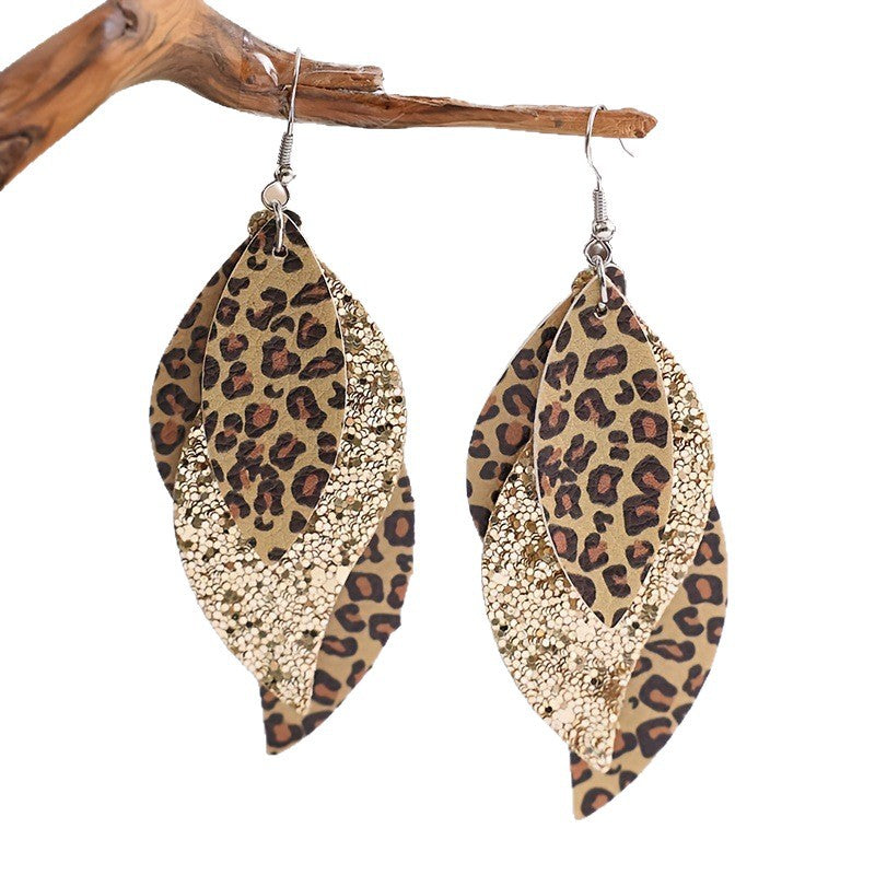 Bohemian Geometric Drop Earrings - Lightweight Faux Leather Leaf Design with Double-Sided Color & Triple Tassel Fringe