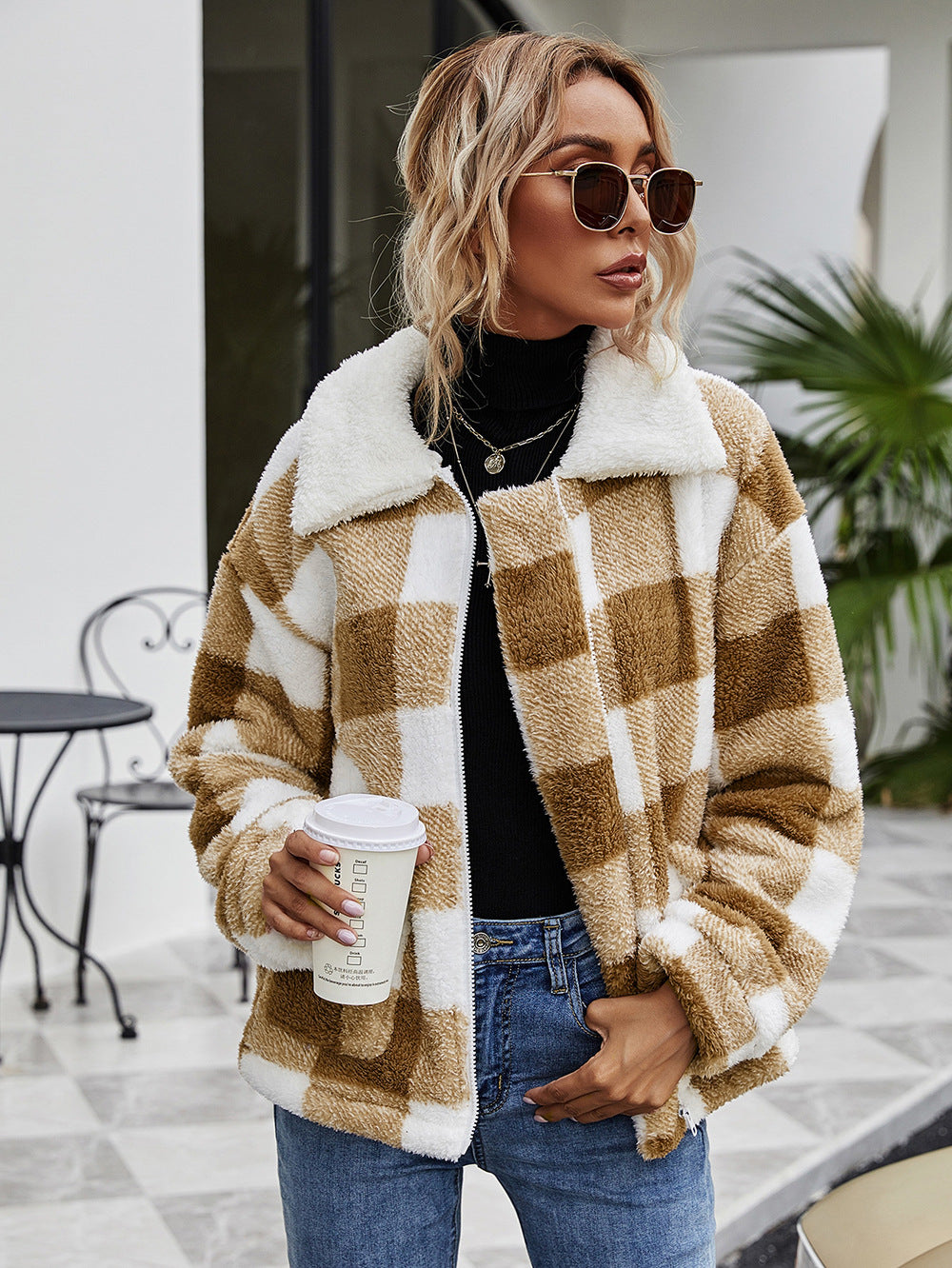 Autumn Winter Zipper Collared Plush Plaid Coat Loose Office Women Outerwear