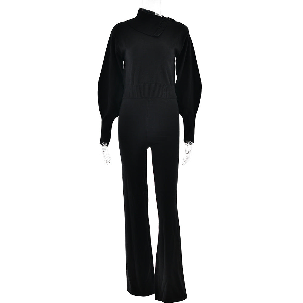 Winter Two Piece Set Sexy Trend Hooded Long Sleeve Straight Leg Pants Knitting Set