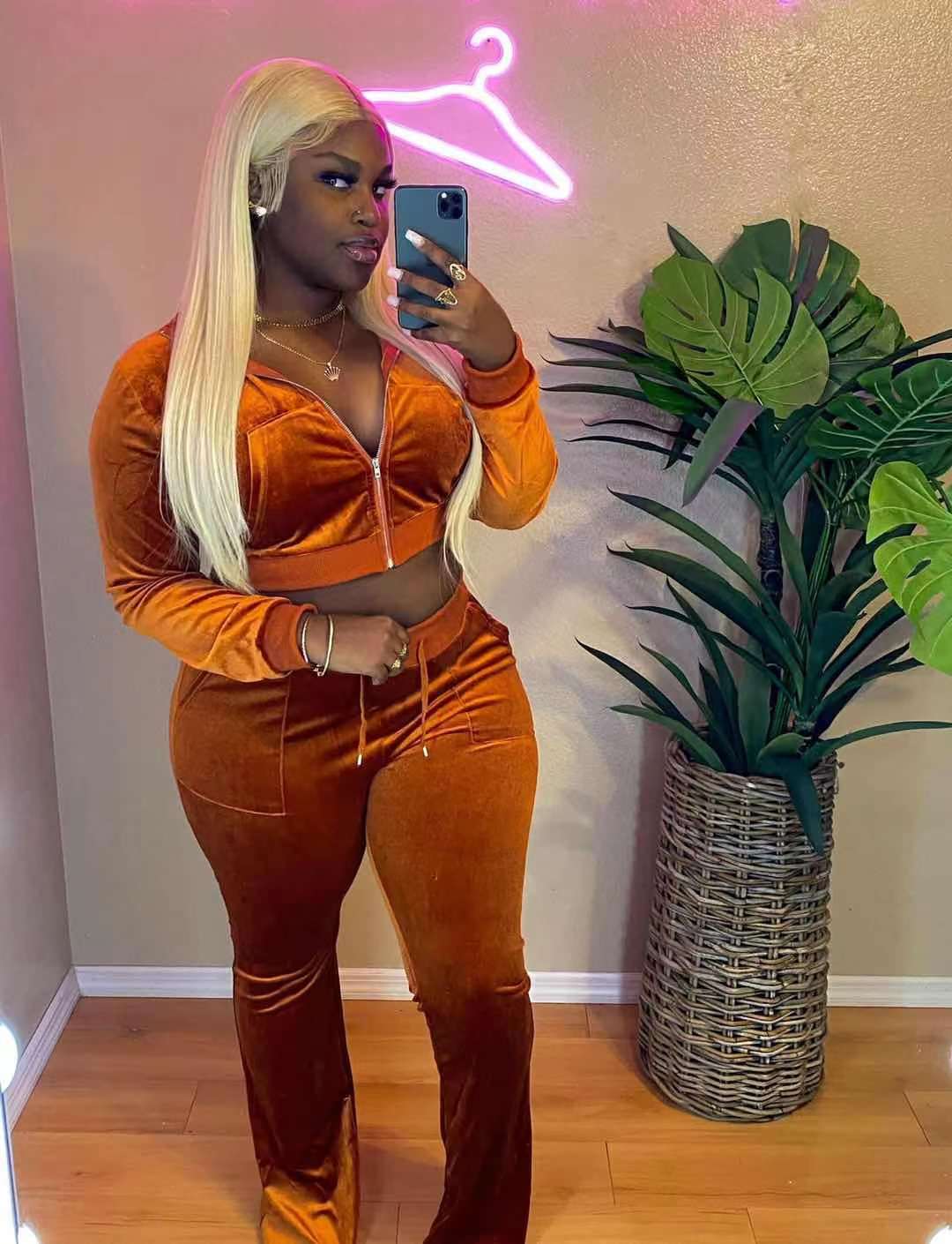 Women Clothing Two-Piece Korean Velvet Solid Color Long Sleeve Sexy cropped Casual Sports Suit