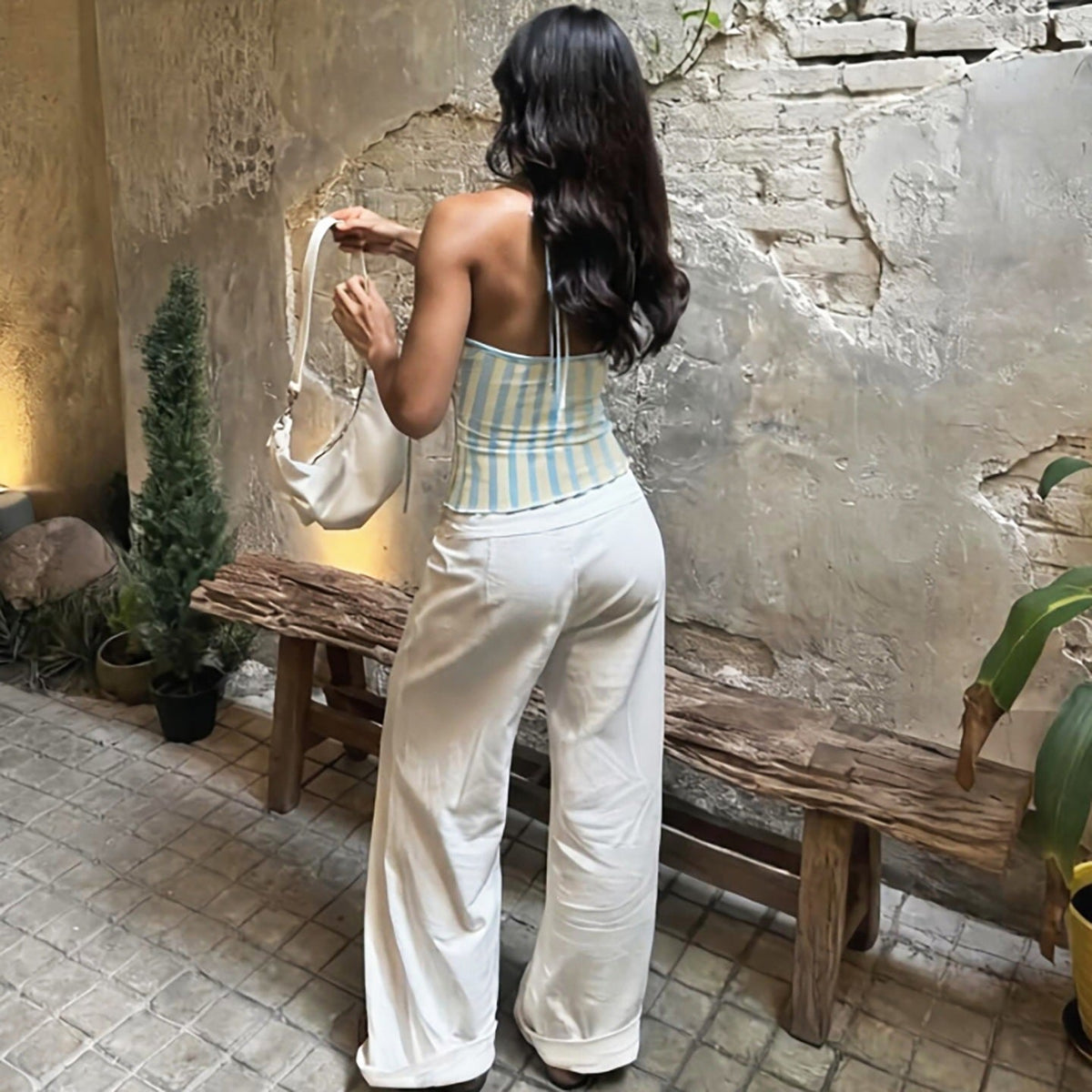 Summer Women Clothing Sexy Halter Beaded Backless Slim Fit Striped Printed Vest Top