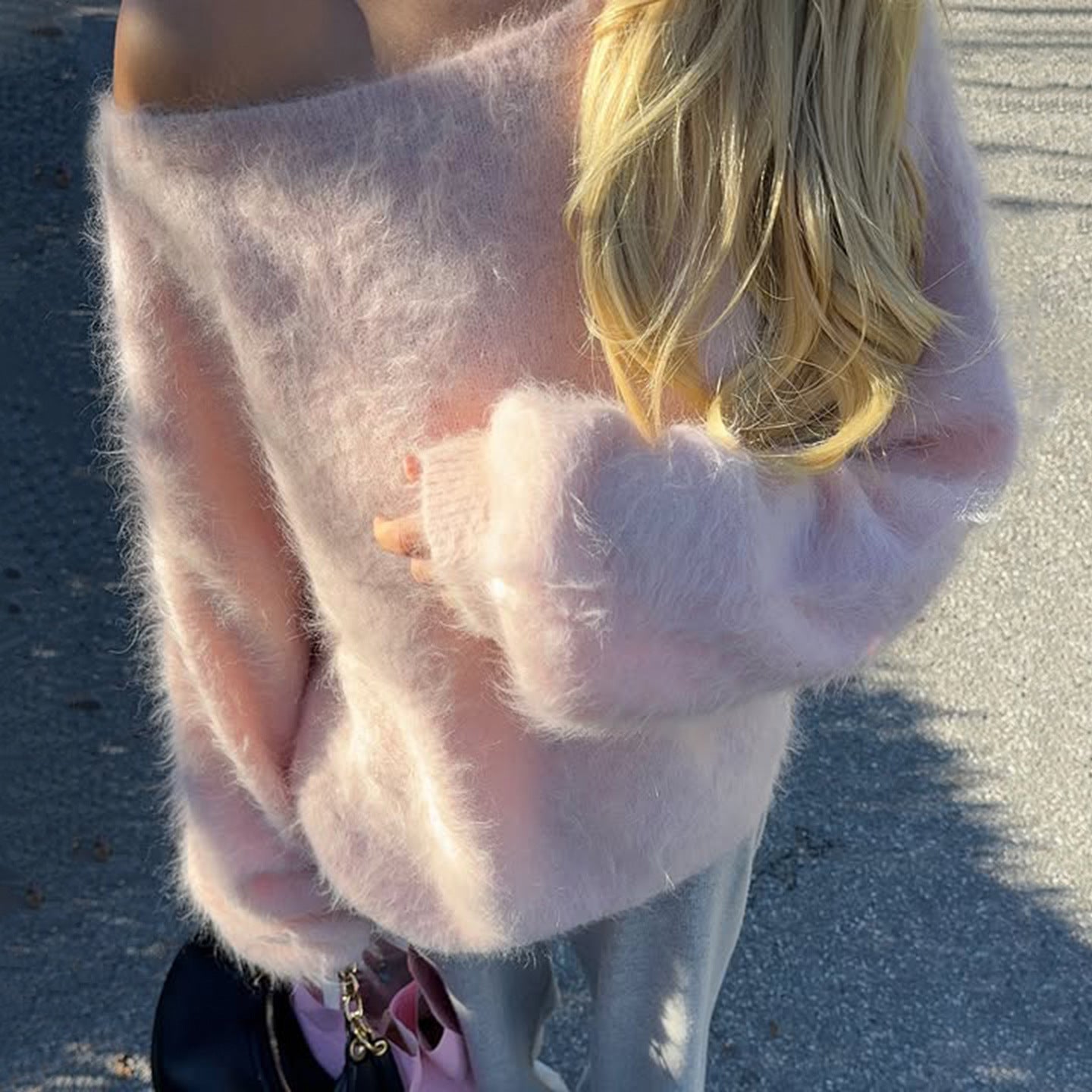Idle Mink Fur off Shoulder Solid Color Pullover Sweater Loose Basic Autumn Winter Coat