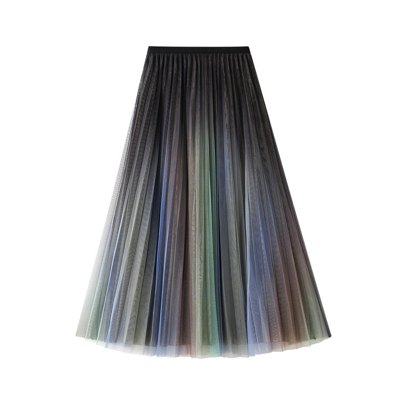 High Waist Slimming Large Hem Double-Layer Mesh Gradient Bright Color Mid-Length Skirt Spring Summer Women 0859