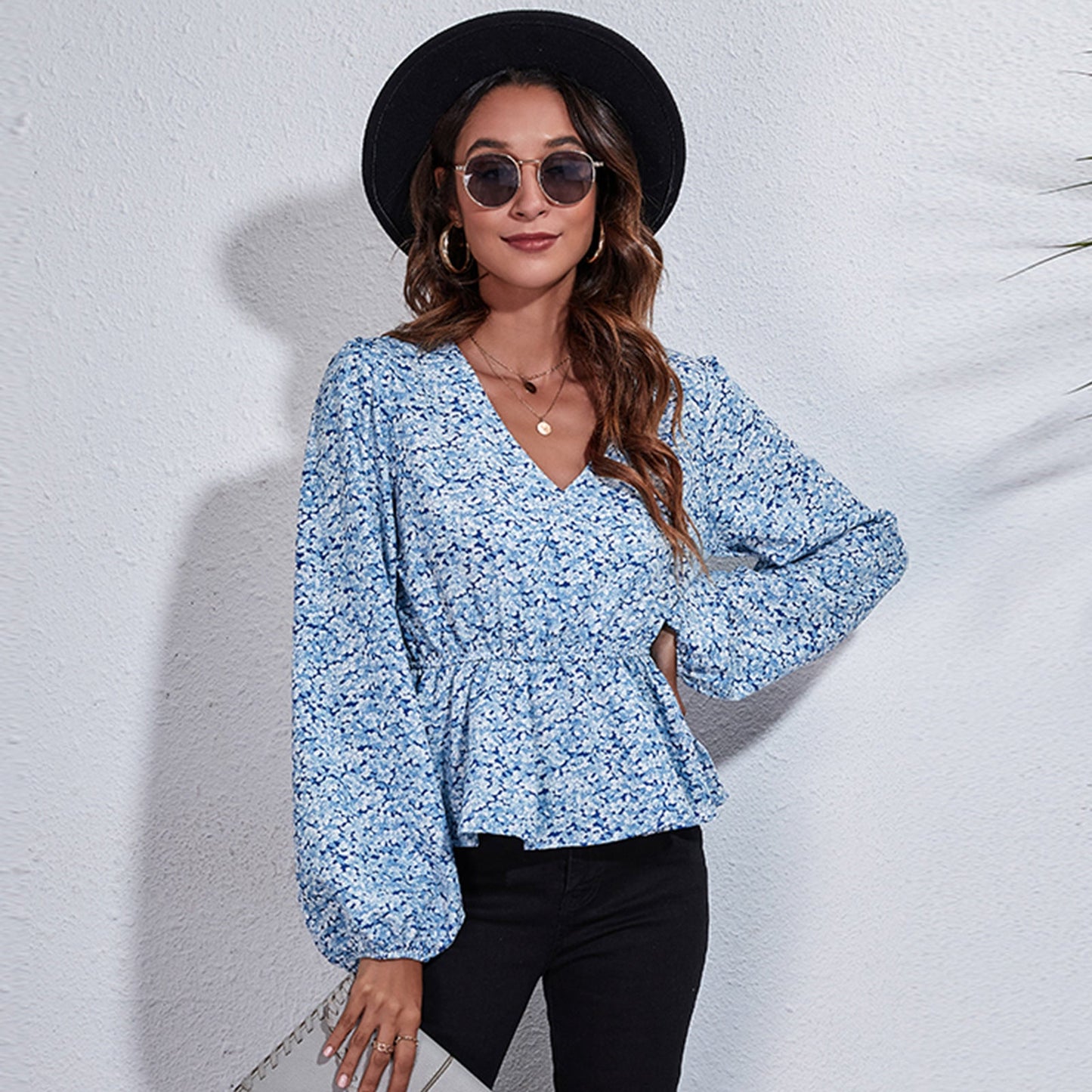 V Neck Cinched Plaid Floral Print Lantern Sleeve Chiffon Shirt Women Shirt Spring Autumn Women Clothing