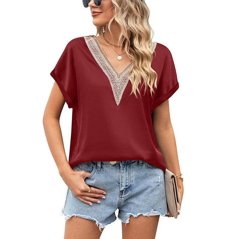 Summer Women Clothing V Neck Lace Satin Short Sleeve Shirt Batwing Sleeve Top