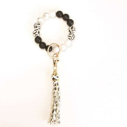 PU Tassel Keychain Bag charm Silicone Beaded Keychain Wristlet Key Ring Bracelet Cute Car Key Chain Holder for Women Girls