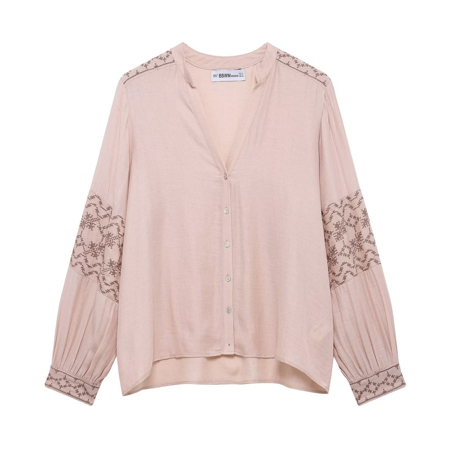 Women Clothing Summer Simple V Collar Contrast Color Embroidered Shirt