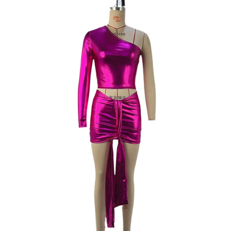 Metallic Coated Fabric Women Clothing Bronzing Sexy One Shoulder Top Elastic Hip Short Skirt Lace Up Sexy Suit
