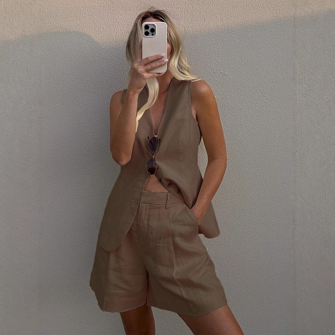 Cotton Linen Vest Shorts Set Summer Office Vest Shorts Set Casual Women