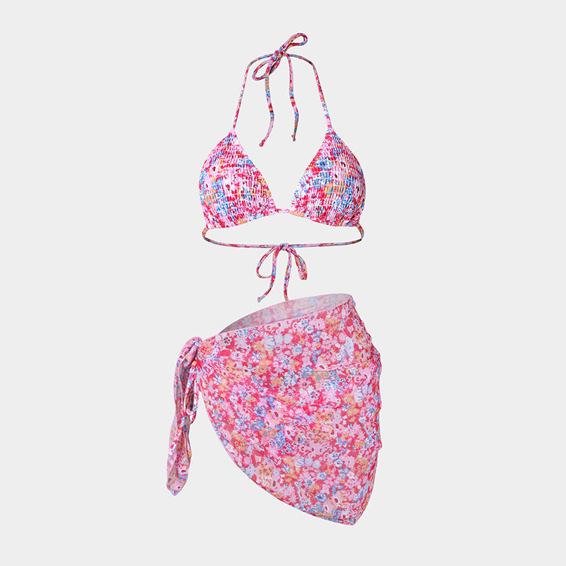 Printed Bikini Three Piece Gauze Skirt Split Sexy Vacation Bikini Swimsuit