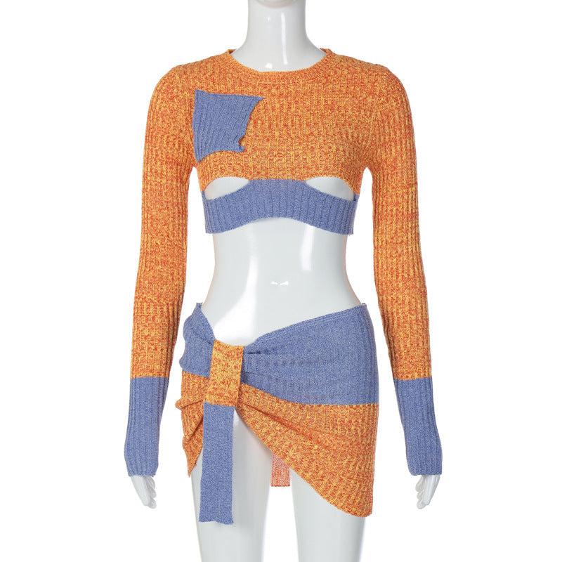 Women Clothing Autumn Fashionable Knitted Long Sleeves Cropped Top Slim Skirt Set