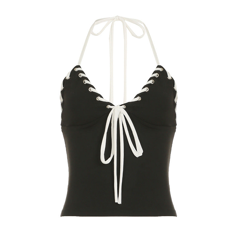 Summer Casual Women Wear Rope Strap Two Piece Set Contrast Color Halterneck Vest Sheath Shorts Pants Set