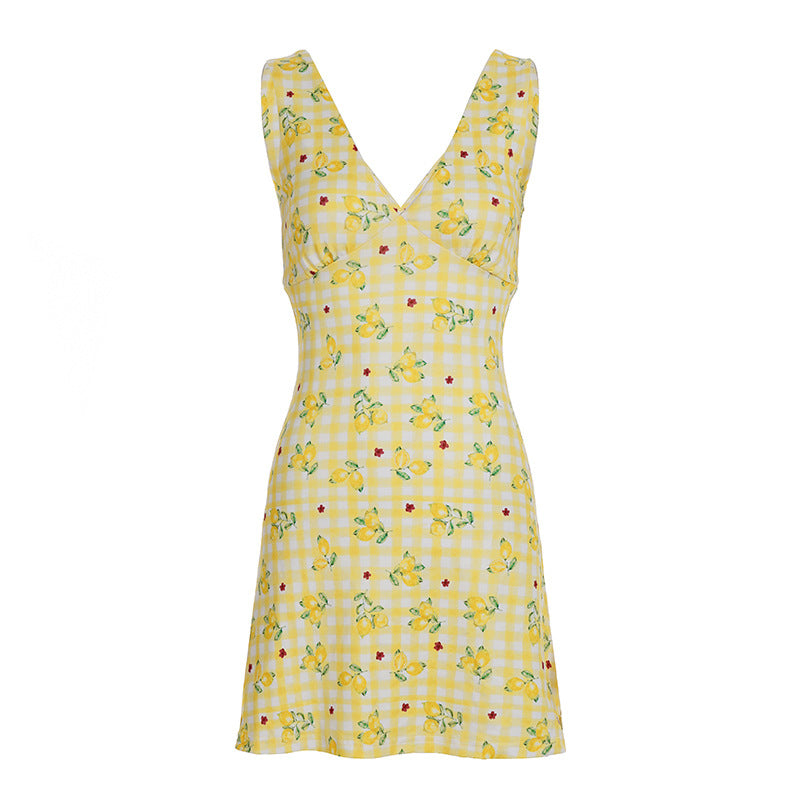Summer Women Lemon Yellow Small Floral Print V neck Sexy Tight Waist A line Short Dress Sleeveless Dress