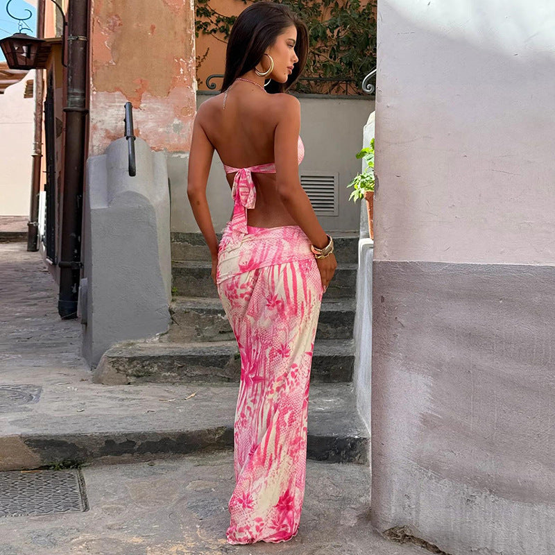 Spring Summer Women Sexy Pearl Chain Halter Spaghetti Straps Vest Printing Skirt Set
