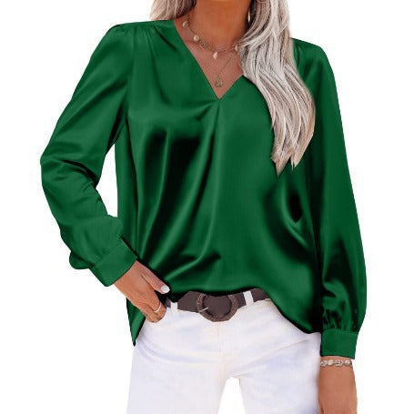 Women Satin Pleated Long Sleeved Top V neck Casual Loose Satin Office Shirt