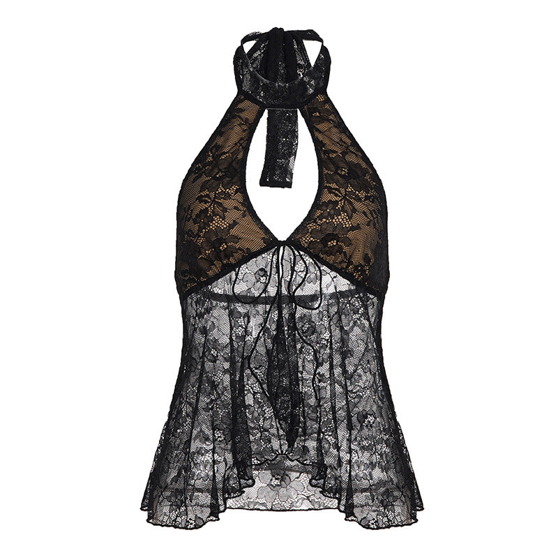 Dark Sexy Nightclub Trendy Halterneck Vest Women Lace Hollow Out Cutout Mesh Lace up Backless Top