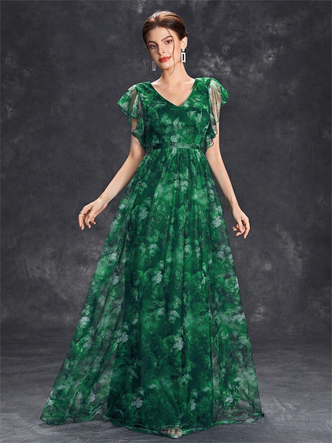 Evening Dress V neck Printed Mesh Ruffled Large Swing Party Dress Bridesmaid Dress Dance Dress Spring A Line