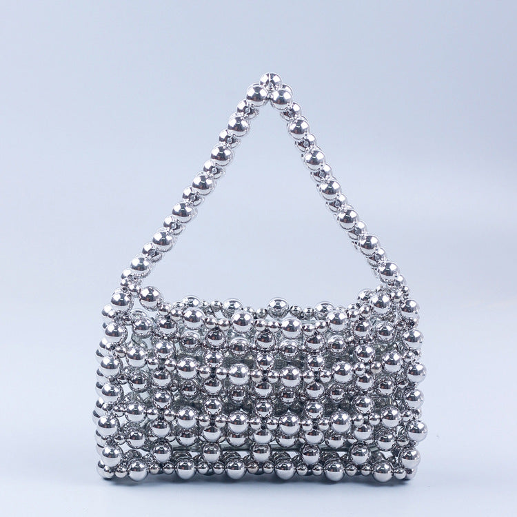 Trendy Best Silver Electroplated Hand Woven Acrylic Street Shooting Casual All Match Beaded Handbag