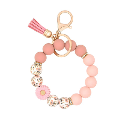 PU Tassel Keychain Bag charm Silicone Beaded Keychain Wristlet Key Ring Bracelet Cute Car Key Chain Holder for Women Girls
