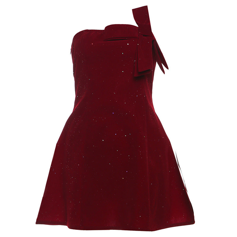 Winter Sexy Slim Fit Backless Tube Top Bowknot Short Dress Solid Color Zipper Sequ Dress