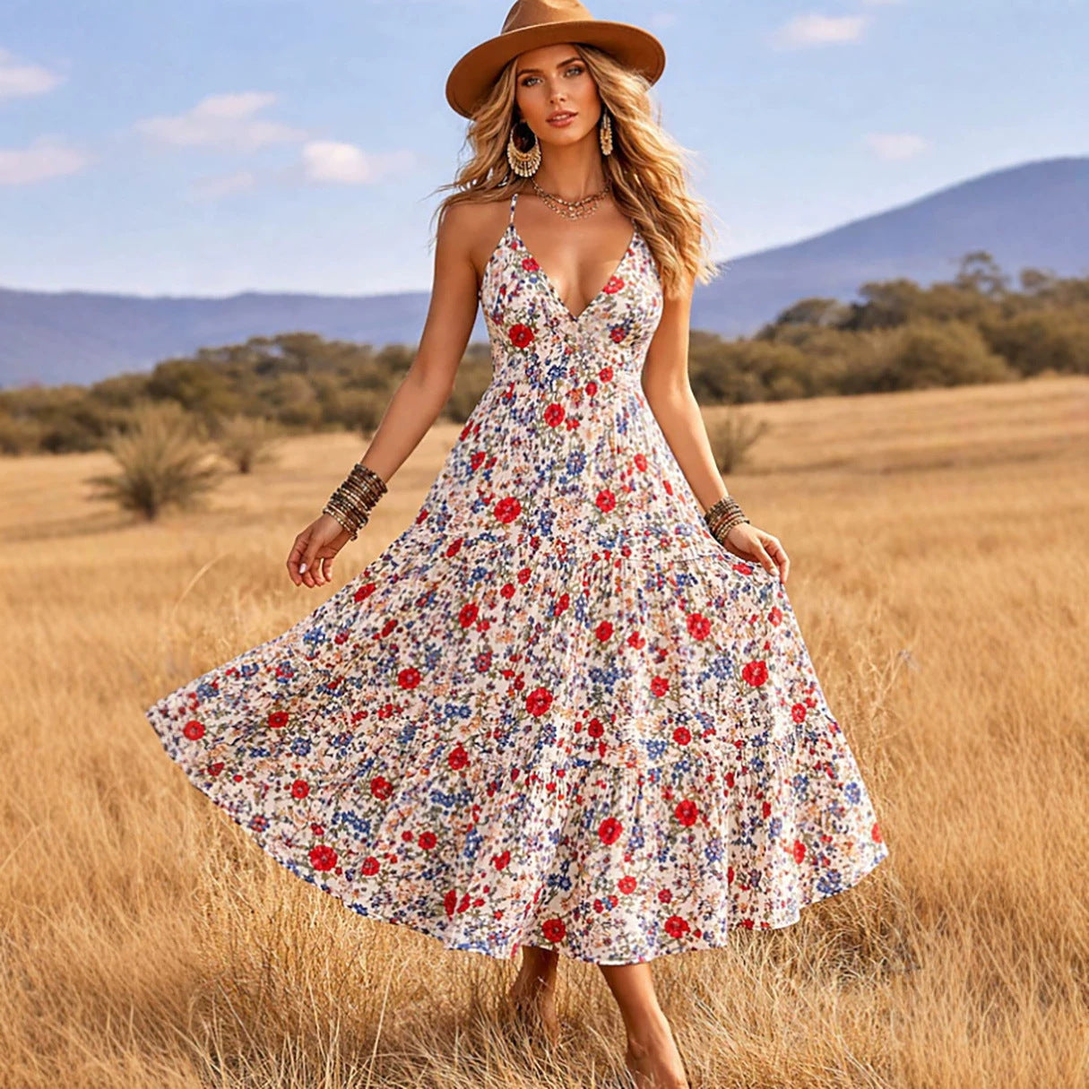 Women Clothing Summer Small Floral Print V neck Sexy Cami Dress