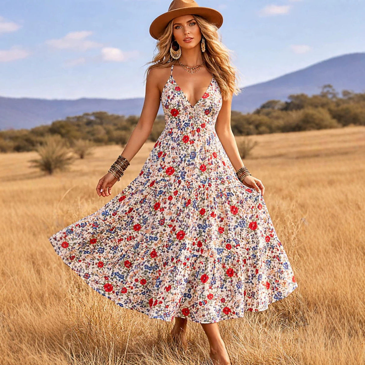 Women Clothing Summer Small Floral Print V neck Sexy Cami Dress