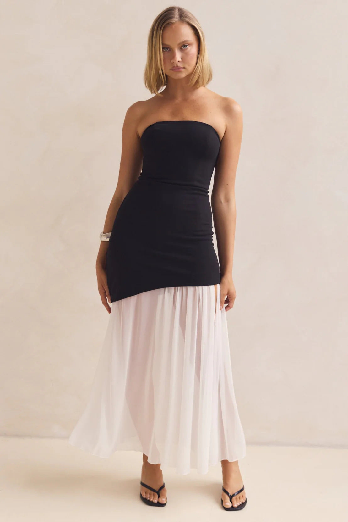 Elegant Sexy Tube Top Package Hip Mesh Stitching Solid Color Dress Long