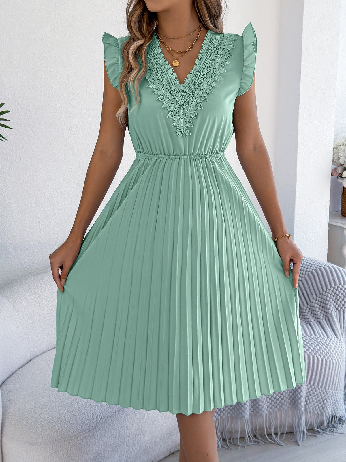 Women Clothing Spring Summer Casual Lace V neck Wooden Ear Cinched Pleated Dress