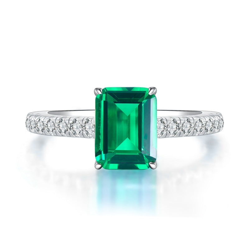 Jewelry Silver Retro Rectangular 6*8 Green Zirconium 1 Karat High Carbon Diamond Women Ring