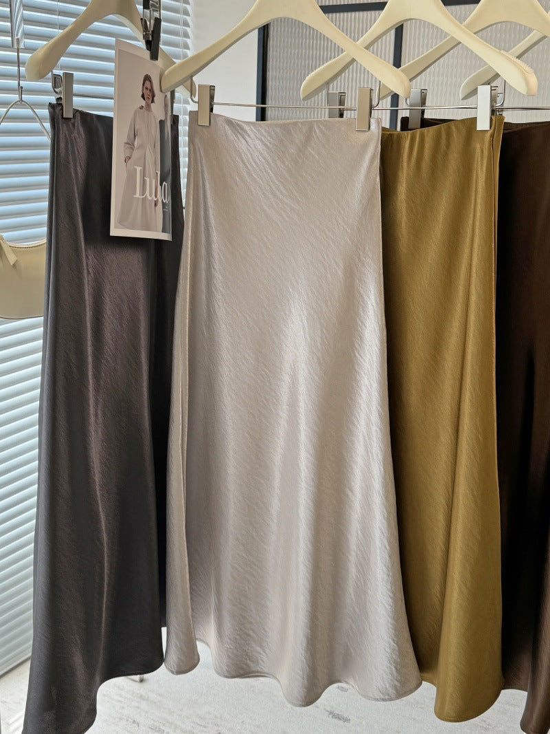 Acetate Satin Fishtail Skirt Women Simple Graceful Drooping Slimming Sheath A line Mid Length Skirt