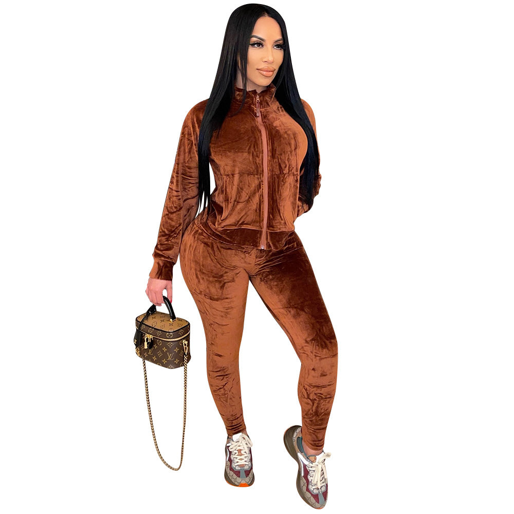 Autumn Winter Women Clothing Sports Casual Solid Color Pleuche Long Sleeve Women Pants Suit