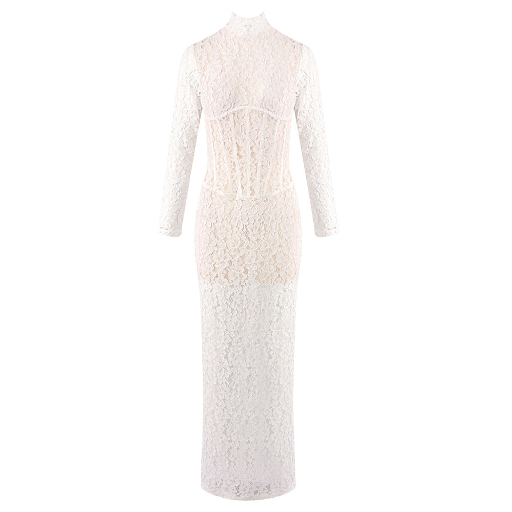 Women Clothing Sexy Hollow Out Cutout out Lace Pattern See through Slim Fit Maxi Dress
