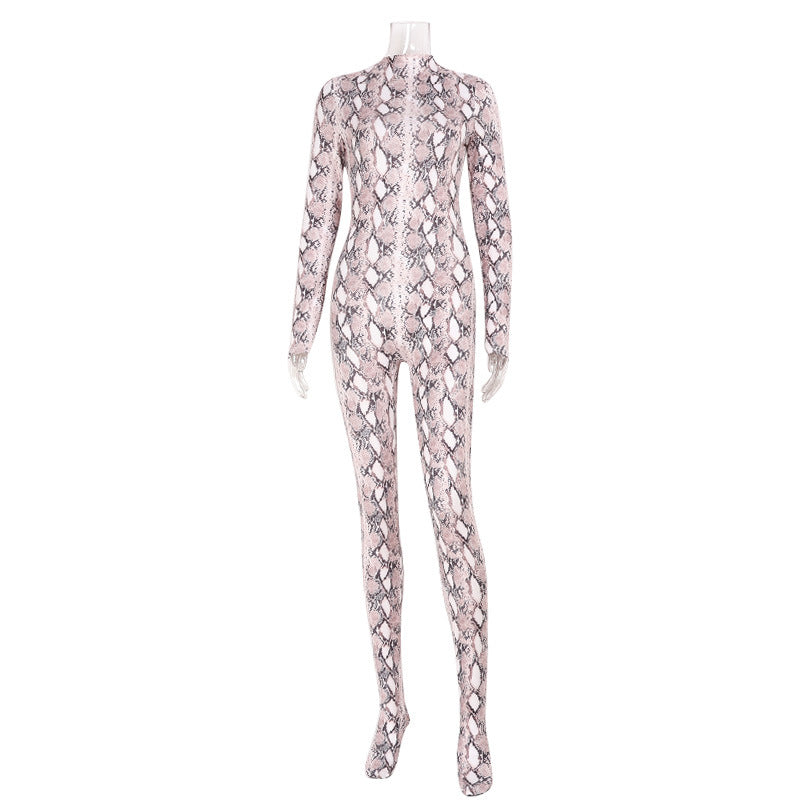 Snake Pattern Mesh Floral Print Long Sleeved Jumpsuit Women Slim Fit Sexy See through Nightclub Dance Sexy Long Sleeved Trousers