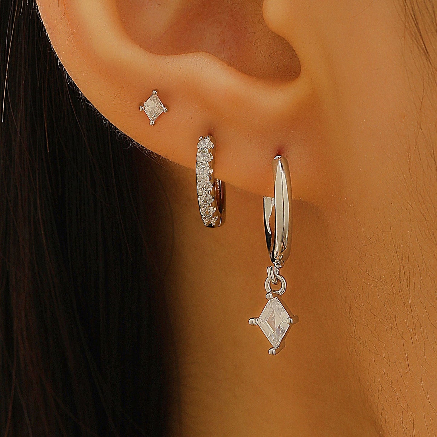 Copper Inlaid Zircon Rhombus Pendant Women 3pcs Earrings Set Studs Buckle Hoops