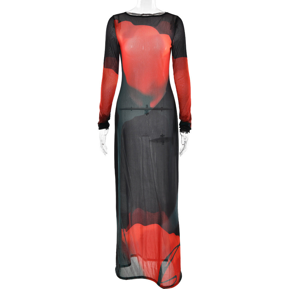 Winter Sexy See through Slim Fit Dress Arrival Printing round Neck Dress