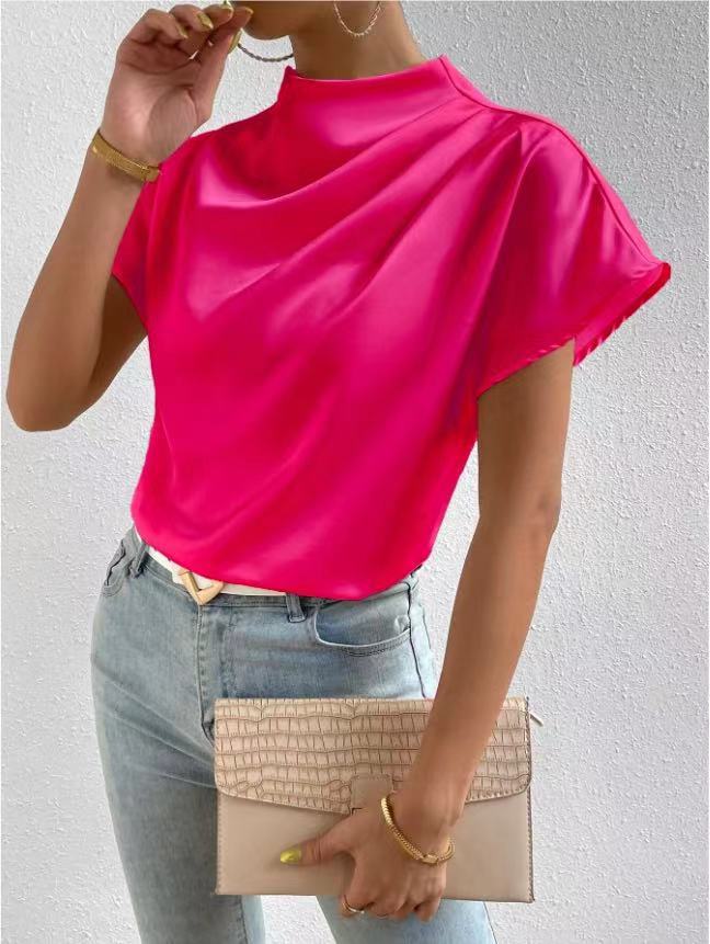 Round Neck Short Sleeve Left Shoulder Pleated T shirt Satin Women Top