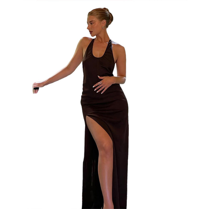 Autumn Winter Women Clothing Solid Color Sexy Big Backless U Neck Side Slit Pleated Dress