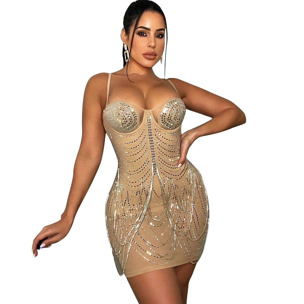 Summer Women Clothing Nightclub Sexy Mesh Drilling Tassel Cami Dress