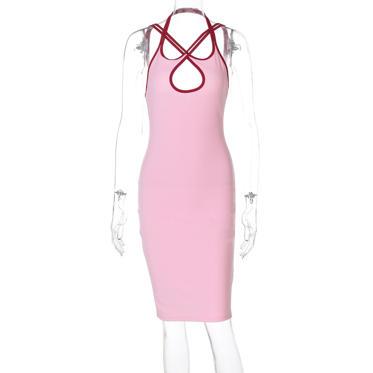 Contrast Color Hollow Out Cutout Slim Fit Dress Women Clothing Spring Halter Backless Lace up Hip