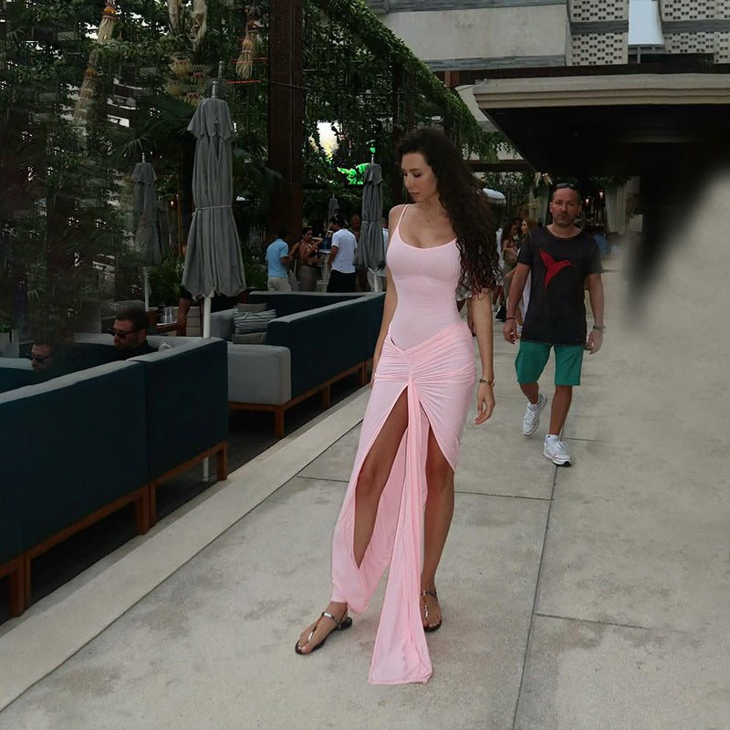 Sexy Sling Slim Fit Waist Pleating Design High Slit Sheath Maxi Dress