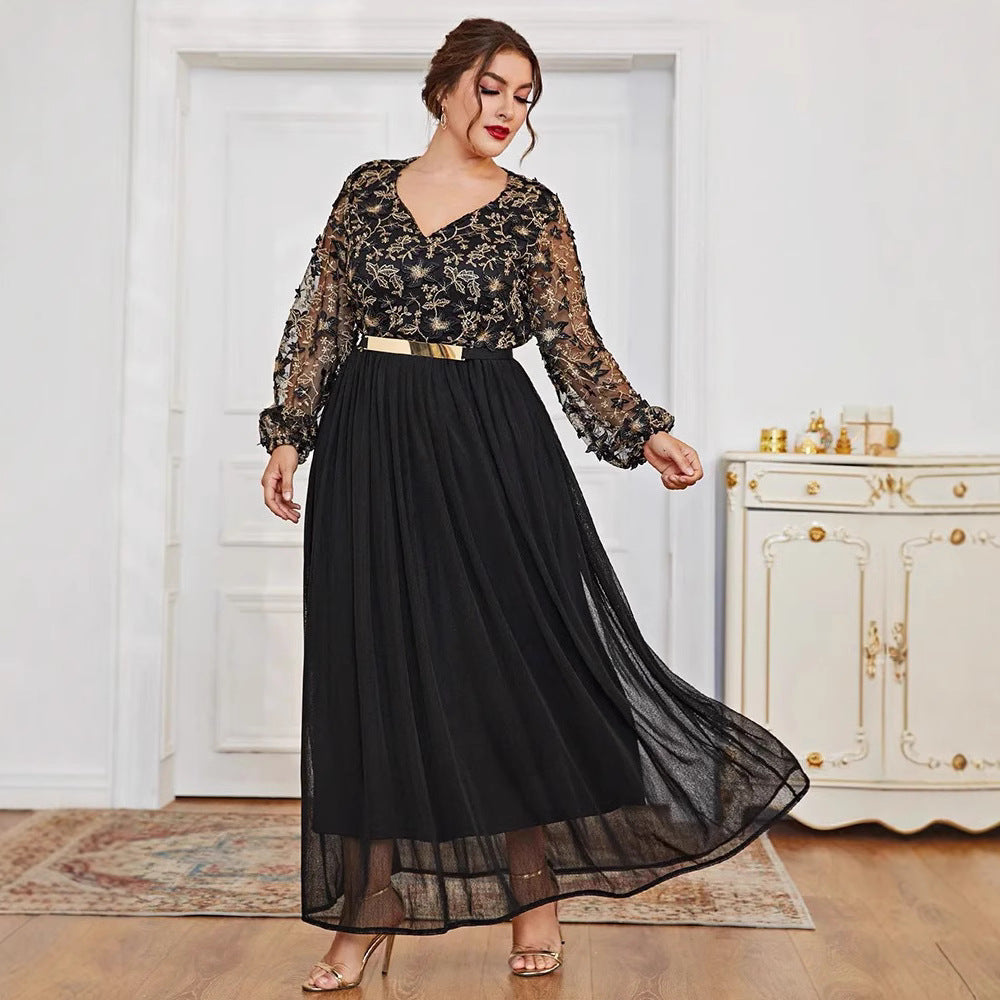 Women Dress V neck Black Panel Long A Line Maxi Dress