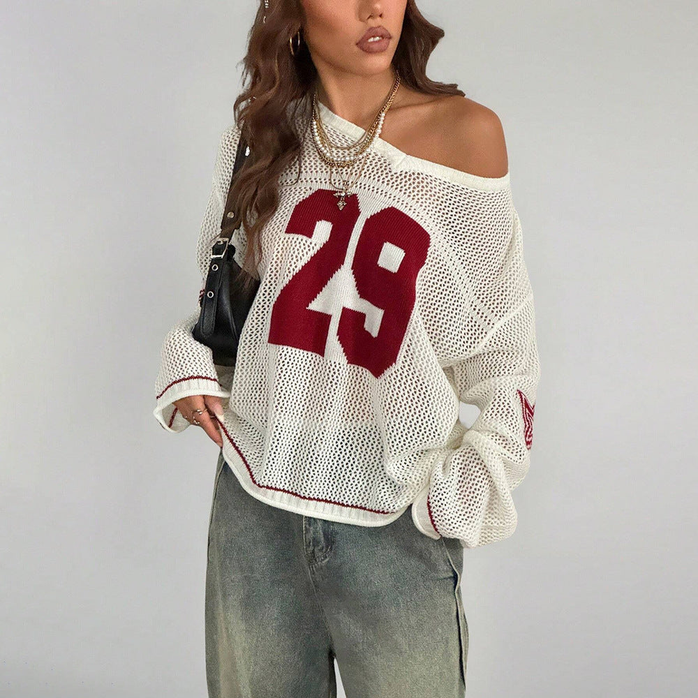 Casual Street Digital Printed V neck Long Sleeved Knitted Sweater