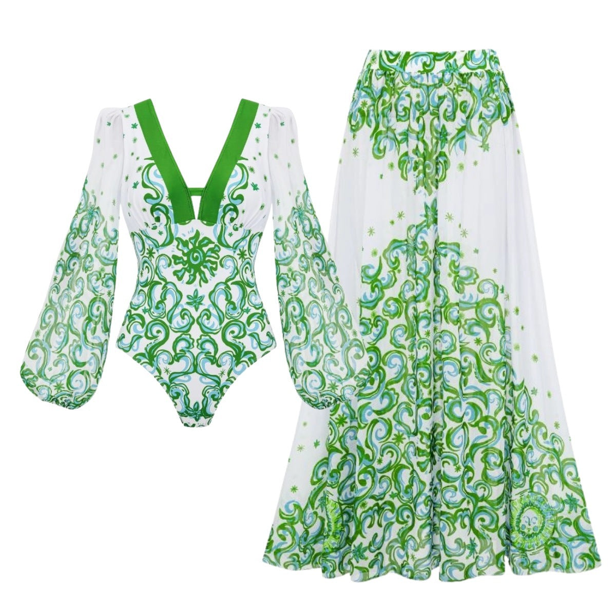 Swimsuit One Shoulder Green Fresh Holiday Floral Print One Piece Swimsuit Set
