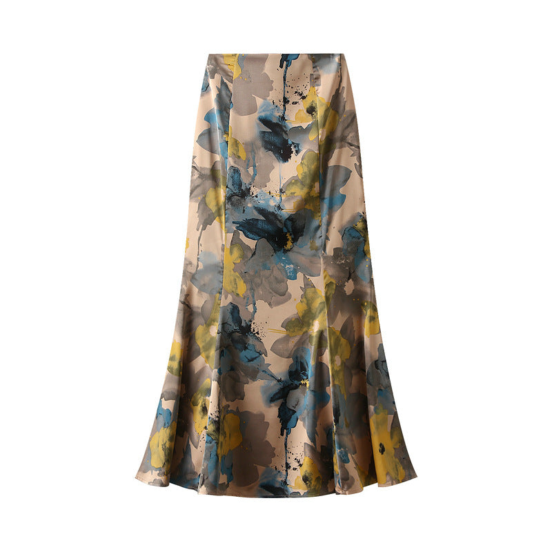 Women Skirt Summer Vintage Printed Fishtail Skirt High Waist Slim Slimming Mid Length Hip Wrapping Skirt