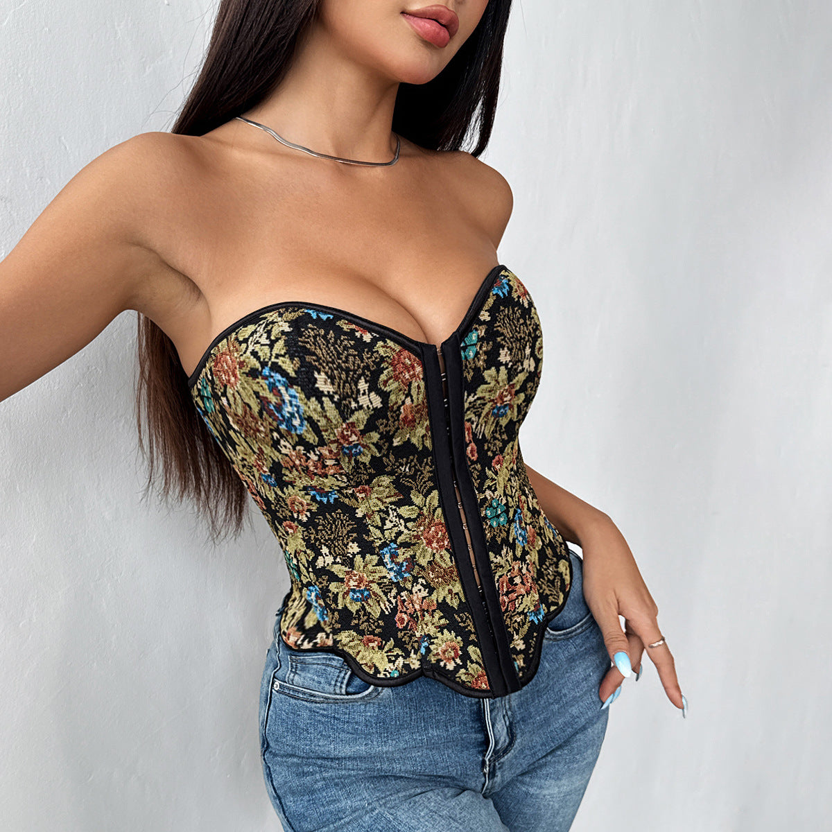 Retro Jacquard Boning Corset Support Breasted Back Rope Irregular Asymmetric Sexy Tube Top