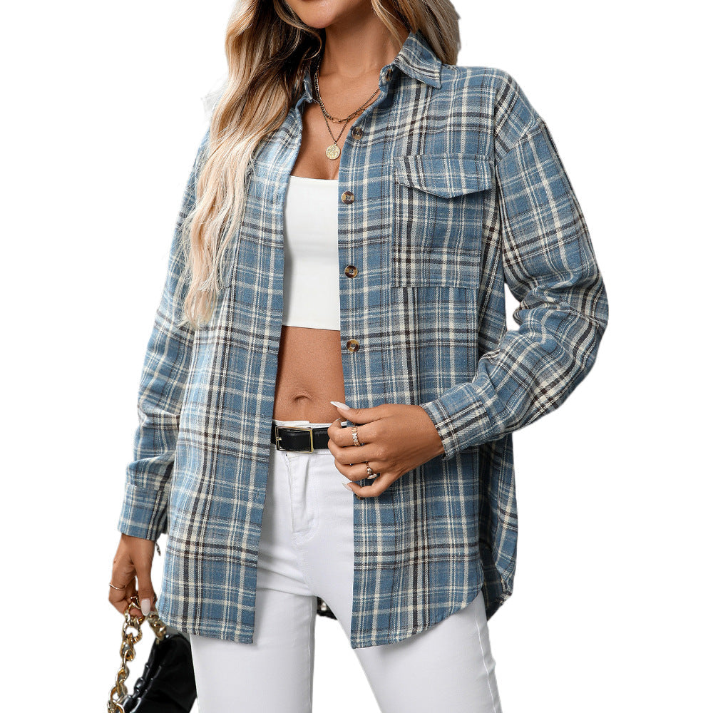 Autumn Winter Women Clothing Casual Loose Plaid Pocket Shirt for Women