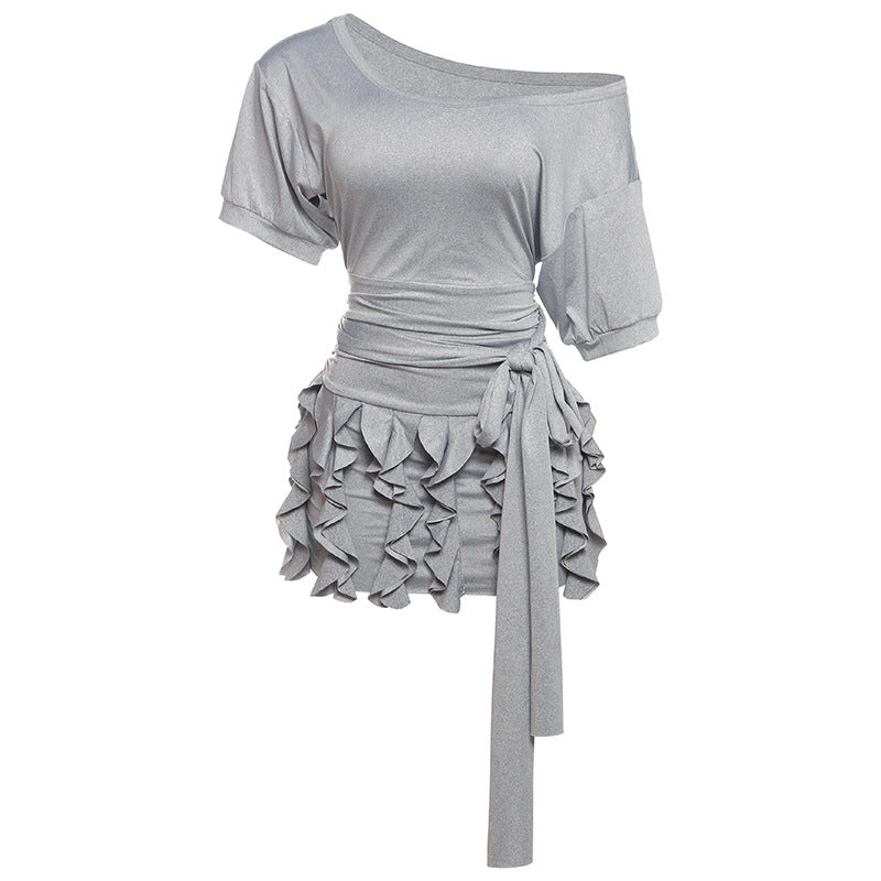 Summer Women Clothing Solid Color Personalized Bandage Diagonal Collar Slim Sexy Package Hip Short Sleeve Dress